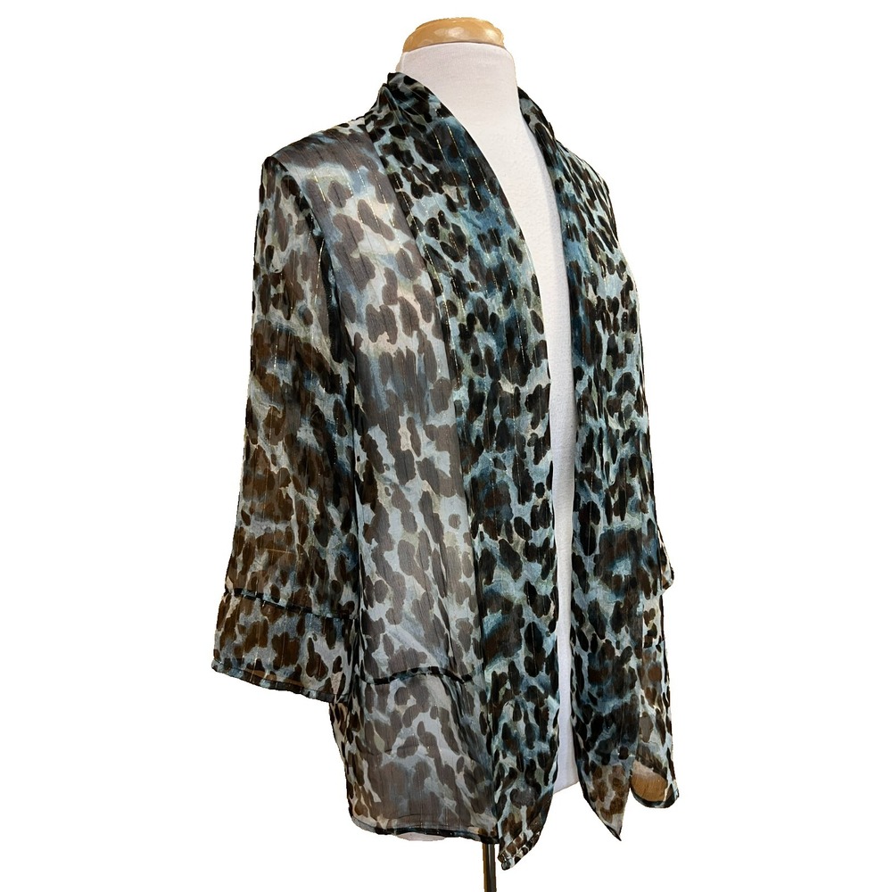 Chico's SZ 2 Open Cardigan/Coverup Sheer Georgette Blue Brown Gold Animal Print - Picture 2 of 11